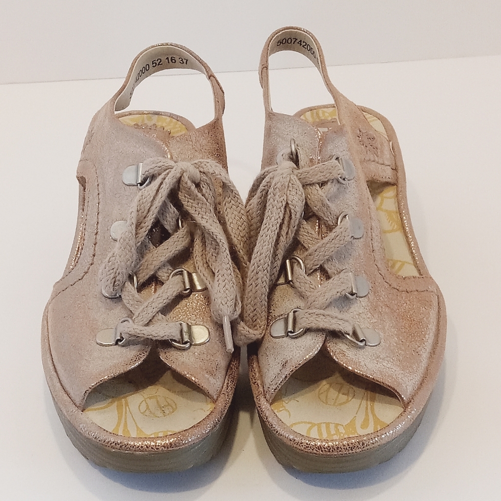 Fly London Women's Sz. 6/6.5 Yito Metallic Leather Lace Up Peep Toe Wedge Sandal